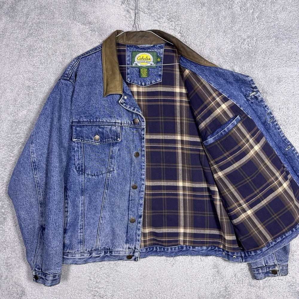 Vintage Cabela's Jacket Mens XL Denim Chore Barn Coat Blanket Leather Field